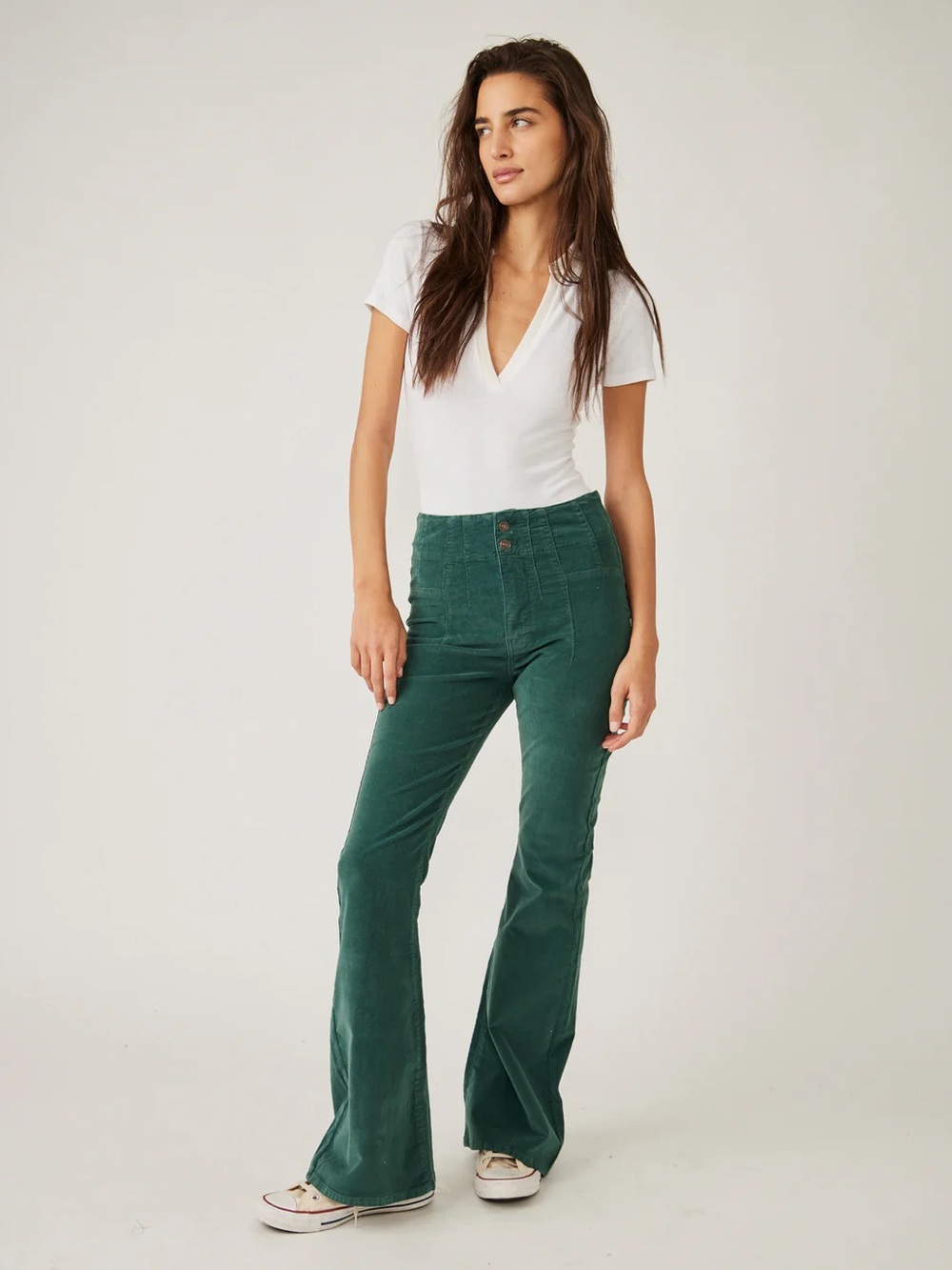FREE PEOPLE 29 Jayde Green Flared Corduroy Pants *FLAW